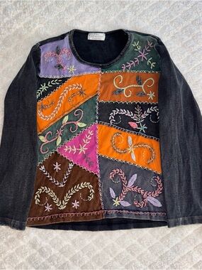 The Collection Royal Women's Black Long-Sleeve Patchwork Embroidered Tee